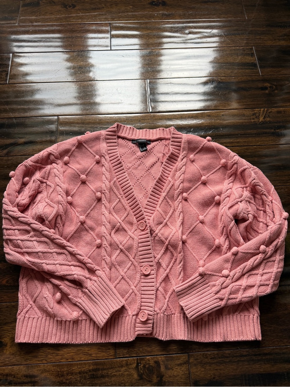 Forever 21 Pink Pom-Pom Cable Knit Button Cardigan